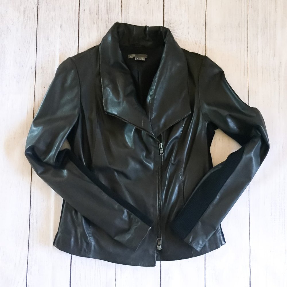 Vince Black Leather Moto Jacket size M